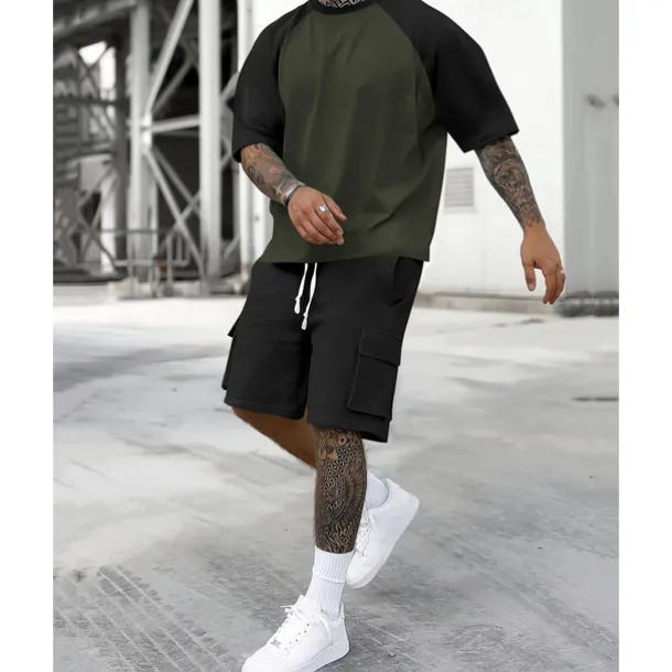 Men's T-shirt Suits 2 Pieces Outfits Tee & Shorts Short Sleeve Crew Neck Summer Color Block Fashion Casual 2 Piece Vacation Daily Wear Going out Yellow Orange Army Green Top Tee for Men