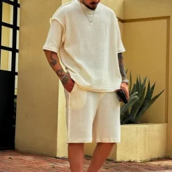 Men's T-shirt Suits 2 Pieces Outfits Tee & Shorts Short Sleeve Crew Neck Summer Plain Fashion Casual 2 Piece Vacation Daily Wear Going out Beige Top Tee for Men