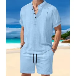 Men's T-shirt Suits 2 Pieces Outfits Tee & Shorts Short Sleeve Henley Summer Plain Fashion Casual 2 Piece Vacation Daily Wear Going out White Royal Blue Brown Top Tee for Men