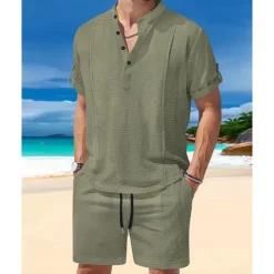 Men's T-shirt Suits 2 Pieces Outfits Tee & Shorts Short Sleeve Henley Summer Plain Fashion Casual 2 Piece Vacation Daily Wear Going out White Royal Blue Brown Top Tee for Men