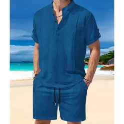 Men's T-shirt Suits 2 Pieces Outfits Tee & Shorts Short Sleeve Henley Summer Plain Fashion Casual 2 Piece Vacation Daily Wear Going out White Royal Blue Brown Top Tee for Men