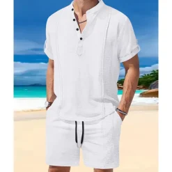 Men's T-shirt Suits 2 Pieces Outfits Tee & Shorts Short Sleeve Henley Summer Plain Fashion Casual 2 Piece Vacation Daily Wear Going out White Royal Blue Brown Top Tee for Men