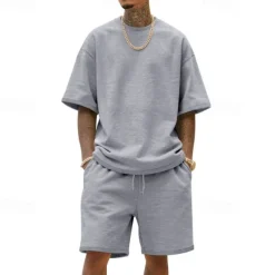 Men's T-shirt Suits 2 Pieces Outfits Tee & Shorts Short Sleeve Crew Neck Summer Plain Fashion Casual 2 Piece Vacation Daily Wear Going out Black White Navy Blue Top Tee for Men