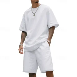 Men's T-shirt Suits 2 Pieces Outfits Tee & Shorts Short Sleeve Crew Neck Summer Plain Fashion Casual 2 Piece Vacation Daily Wear Going out Black White Navy Blue Top Tee for Men