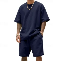 Men's T-shirt Suits 2 Pieces Outfits Tee & Shorts Short Sleeve Crew Neck Summer Plain Fashion Casual 2 Piece Vacation Daily Wear Going out Black White Navy Blue Top Tee for Men