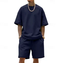 Men's T-shirt Suits 2 Pieces Outfits Tee & Shorts Short Sleeve Crew Neck Summer Plain Fashion Casual 2 Piece Vacation Daily Wear Going out Black White Navy Blue Top Tee for Men