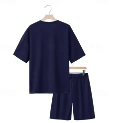 Men's T-shirt Suits 2 Pieces Outfits Tee & Shorts Short Sleeve Crew Neck Summer Plain Fashion Casual 2 Piece Vacation Daily Wear Going out Black White Navy Blue Top Tee for Men