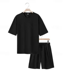 Men's T-shirt Suits 2 Pieces Outfits Tee & Shorts Short Sleeve Crew Neck Summer Plain Fashion Casual 2 Piece Vacation Daily Wear Going out Black White Navy Blue Top Tee for Men