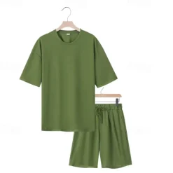 Men's T-shirt Suits 2 Pieces Outfits Tee & Shorts Short Sleeve Crew Neck Summer Plain Fashion Casual 2 Piece Vacation Daily Wear Going out Black White Navy Blue Top Tee for Men