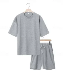 Men's T-shirt Suits 2 Pieces Outfits Tee & Shorts Short Sleeve Crew Neck Summer Plain Fashion Casual 2 Piece Vacation Daily Wear Going out Black White Navy Blue Top Tee for Men