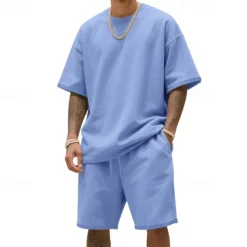 Men's T-shirt Suits 2 Pieces Outfits Tee & Shorts Short Sleeve Crew Neck Summer Plain Fashion Casual 2 Piece Vacation Daily Wear Going out Black White Navy Blue Top Tee for Men