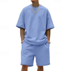 Men's T-shirt Suits 2 Pieces Outfits Tee & Shorts Short Sleeve Crew Neck Summer Plain Fashion Casual 2 Piece Vacation Daily Wear Going out Black White Navy Blue Top Tee for Men