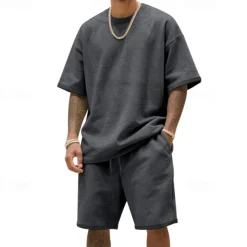 Men's T-shirt Suits 2 Pieces Outfits Tee & Shorts Short Sleeve Crew Neck Summer Plain Fashion Casual 2 Piece Vacation Daily Wear Going out Black White Navy Blue Top Tee for Men