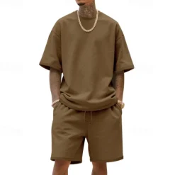 Men's T-shirt Suits 2 Pieces Outfits Tee & Shorts Short Sleeve Crew Neck Summer Plain Fashion Casual 2 Piece Vacation Daily Wear Going out Black White Navy Blue Top Tee for Men