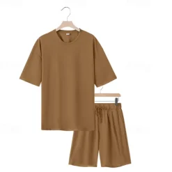 Men's T-shirt Suits 2 Pieces Outfits Tee & Shorts Short Sleeve Crew Neck Summer Plain Fashion Casual 2 Piece Vacation Daily Wear Going out Black White Navy Blue Top Tee for Men