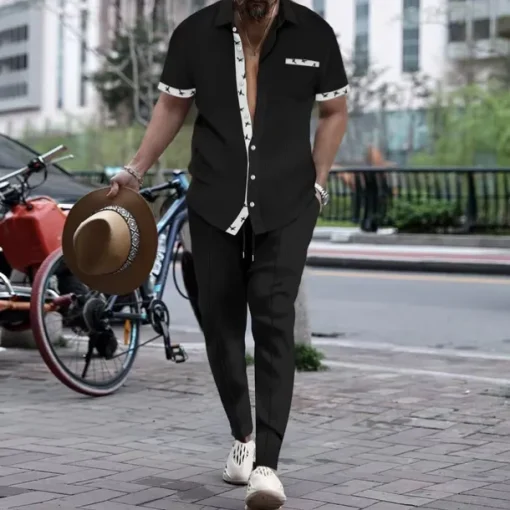 Men's T-shirt Suits Shirt and Pant Sets 2 Pieces Outfits Short Sleeve Lapel Summer Color Block Fashion Casual 2 Piece Vacation Daily Wear Going out Black White Wine Top Tee for Men