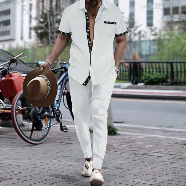 Men's T-shirt Suits Shirt and Pant Sets 2 Pieces Outfits Short Sleeve Lapel Summer Color Block Fashion Casual 2 Piece Vacation Daily Wear Going out Black White Wine Top Tee for Men
