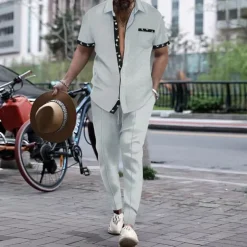 Men's T-shirt Suits Shirt and Pant Sets 2 Pieces Outfits Short Sleeve Lapel Summer Color Block Fashion Casual 2 Piece Vacation Daily Wear Going out Black White Wine Top Tee for Men