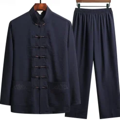 Men's T-shirt Suits Shirt and Pant Sets 2 Pieces Outfits Long Sleeve Standing Collar Spring & Fall Plain Fashion Chinese Style Casual 2 Piece Vacation Daily Wear Going out Black White Navy Blue Top