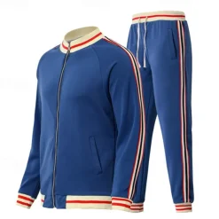 Men's T-shirt Suits Shirt and Pant Sets 2 Pieces Outfits Long Sleeve Stand Collar Summer Stripes Fashion Casual 2 Piece Vacation Daily Wear Going out Black Red Navy Blue Top Tee for Men