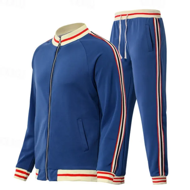Men's T-shirt Suits Shirt and Pant Sets 2 Pieces Outfits Long Sleeve Stand Collar Summer Stripes Fashion Casual 2 Piece Vacation Daily Wear Going out Black Red Navy Blue Top Tee for Men