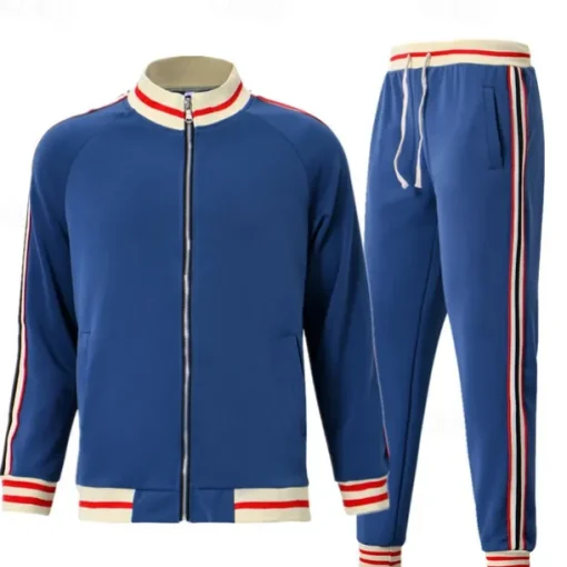 Men's T-shirt Suits Shirt and Pant Sets 2 Pieces Outfits Long Sleeve Stand Collar Summer Stripes Fashion Casual 2 Piece Vacation Daily Wear Going out Black Red Navy Blue Top Tee for Men