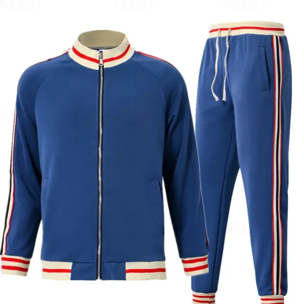 Men's T-shirt Suits Shirt and Pant Sets 2 Pieces Outfits Long Sleeve Stand Collar Summer Stripes Fashion Casual 2 Piece Vacation Daily Wear Going out Black Red Navy Blue Top Tee for Men