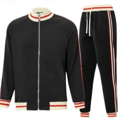 Men's T-shirt Suits Shirt and Pant Sets 2 Pieces Outfits Long Sleeve Stand Collar Summer Stripes Fashion Casual 2 Piece Vacation Daily Wear Going out Black Red Navy Blue Top Tee for Men