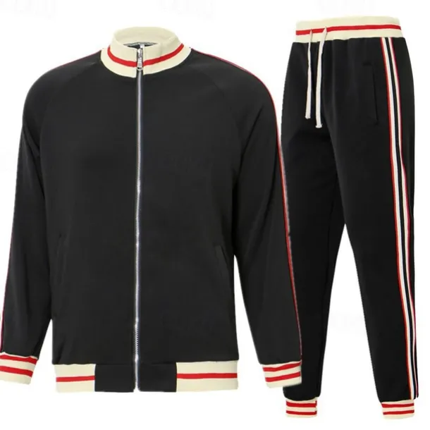 Men's T-shirt Suits Shirt and Pant Sets 2 Pieces Outfits Long Sleeve Stand Collar Summer Stripes Fashion Casual 2 Piece Vacation Daily Wear Going out Black Red Navy Blue Top Tee for Men