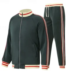 Men's T-shirt Suits Shirt and Pant Sets 2 Pieces Outfits Long Sleeve Stand Collar Summer Stripes Fashion Casual 2 Piece Vacation Daily Wear Going out Black Red Navy Blue Top Tee for Men