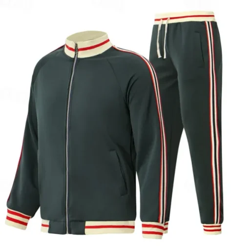 Men's T-shirt Suits Shirt and Pant Sets 2 Pieces Outfits Long Sleeve Stand Collar Summer Stripes Fashion Casual 2 Piece Vacation Daily Wear Going out Black Red Navy Blue Top Tee for Men