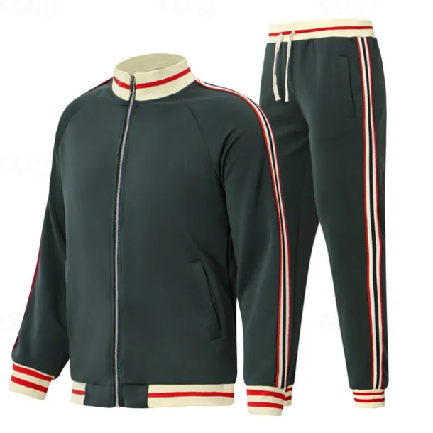 Men's T-shirt Suits Shirt and Pant Sets 2 Pieces Outfits Long Sleeve Stand Collar Summer Stripes Fashion Casual 2 Piece Vacation Daily Wear Going out Black Red Navy Blue Top Tee for Men