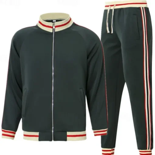 Men's T-shirt Suits Shirt and Pant Sets 2 Pieces Outfits Long Sleeve Stand Collar Summer Stripes Fashion Casual 2 Piece Vacation Daily Wear Going out Black Red Navy Blue Top Tee for Men