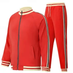 Men's T-shirt Suits Shirt and Pant Sets 2 Pieces Outfits Long Sleeve Stand Collar Summer Stripes Fashion Casual 2 Piece Vacation Daily Wear Going out Black Red Navy Blue Top Tee for Men