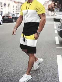 Men's T-shirt Suits Tracksuit Tennis Shirt Shorts and T Shirt Set Short Sleeves Crew Neck Summer Color Block Gymnatics Casual 2 Piece Vacation Daily Wear Activewear Yellow Red Blue Top Tee for Men