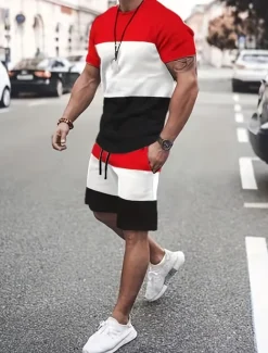 Men's T-shirt Suits Tracksuit Tennis Shirt Shorts and T Shirt Set Short Sleeves Crew Neck Summer Color Block Gymnatics Casual 2 Piece Vacation Daily Wear Activewear Yellow Red Blue Top Tee for Men