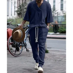 Men's T-shirt Suits Tracksuit Tennis Shirt Tees and Drawstring Long Pants 3/4-Length Sleeve V Neck Spring & Fall Plain Gymnatics Casual 2 Piece Knitting Vacation Daily Wear Activewear Black White