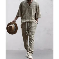 Men's T-shirt Suits Tracksuit Tennis Shirt Tees and Drawstring Long Pants 3/4-Length Sleeve V Neck Spring & Fall Plain Gymnatics Casual 2 Piece Knitting Vacation Daily Wear Activewear Black White