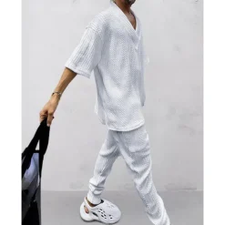 Men's T-shirt Suits Tracksuit Tennis Shirt Tees and Drawstring Long Pants 3/4-Length Sleeve V Neck Spring & Fall Plain Gymnatics Casual 2 Piece Knitting Vacation Daily Wear Activewear Black White