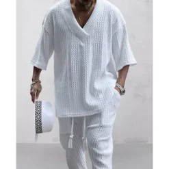 Men's T-shirt Suits Tracksuit Tennis Shirt Tees and Drawstring Long Pants 3/4-Length Sleeve V Neck Spring & Fall Plain Gymnatics Casual 2 Piece Knitting Vacation Daily Wear Activewear Black White