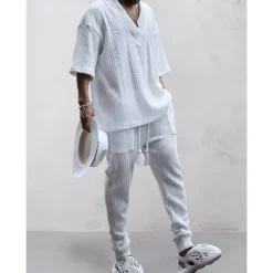 Men's T-shirt Suits Tracksuit Tennis Shirt Tees and Drawstring Long Pants 3/4-Length Sleeve V Neck Spring & Fall Plain Gymnatics Casual 2 Piece Knitting Vacation Daily Wear Activewear Black White