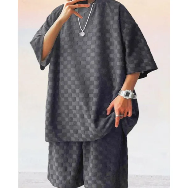 Men's T-shirt Suits Tracksuit Tennis Shirt Shorts and T Shirt Set Short Sleeves Crew Neck Summer Plaid Plain Gymnatics Casual 2 Piece Vacation Daily Wear Activewear Black White Gray Top Tee for Men