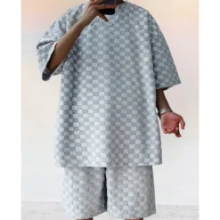 Men's T-shirt Suits Tracksuit Tennis Shirt Shorts and T Shirt Set Short Sleeves Crew Neck Summer Plaid Plain Gymnatics Casual 2 Piece Vacation Daily Wear Activewear Black White Gray Top Tee for Men