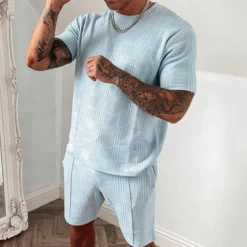 Men's T-shirt Suits Tracksuit Tennis Shirt Shorts and T Shirt Set Short Sleeves Crew Neck Summer Plaid Gymnatics Casual 2 Piece Vacation Daily Wear Activewear Black Blue Dark Green Top Tee for Men