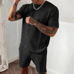 Men's T-shirt Suits Tracksuit Tennis Shirt Shorts and T Shirt Set Short Sleeves Crew Neck Summer Plaid Gymnatics Casual 2 Piece Vacation Daily Wear Activewear Black Blue Dark Green Top Tee for Men