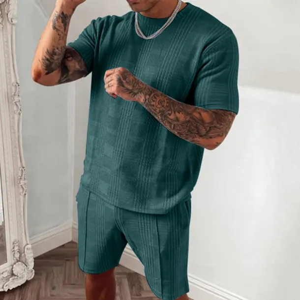 Men's T-shirt Suits Tracksuit Tennis Shirt Shorts and T Shirt Set Short Sleeves Crew Neck Summer Plaid Gymnatics Casual 2 Piece Vacation Daily Wear Activewear Black Blue Dark Green Top Tee for Men