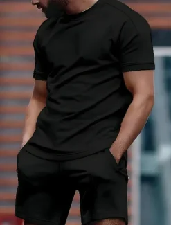 Men's T-shirt Suits Tracksuit Tennis Shirt Shorts and T Shirt Set Short Sleeves Crew Neck Summer Plain Gymnatics Casual 2 Piece Vacation Daily Wear Activewear Black White Red Top Tee for Men