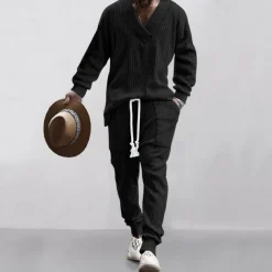 Men's T-shirt Suits Tracksuit Tees and Drawstring Long Pants Long Sleeve V Neck Spring & Fall Plain Gymnatics Casual 2 Piece Knitting Vacation Daily Wear Activewear Black White Navy Blue Top Tee for