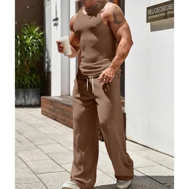 Men's T-shirt Suits Undershirt Shirt and Pant Sets 2 Pieces Outfits Sleeveless Crewneck Summer Plain Fashion Casual 2 Piece Vacation Daily Wear Going out Black Brown Khaki Top Tee for Men