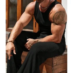 Men's T-shirt Suits Undershirt Shirt and Pant Sets 2 Pieces Outfits Sleeveless Crewneck Summer Plain Fashion Casual 2 Piece Vacation Daily Wear Going out Black Brown Khaki Top Tee for Men